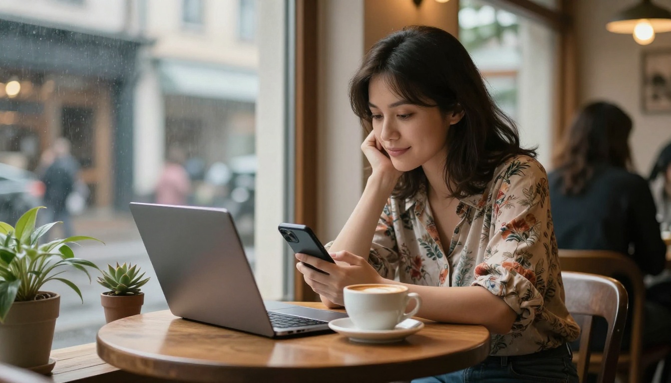 Woman at a cozy cafe talking to AI companion on phone