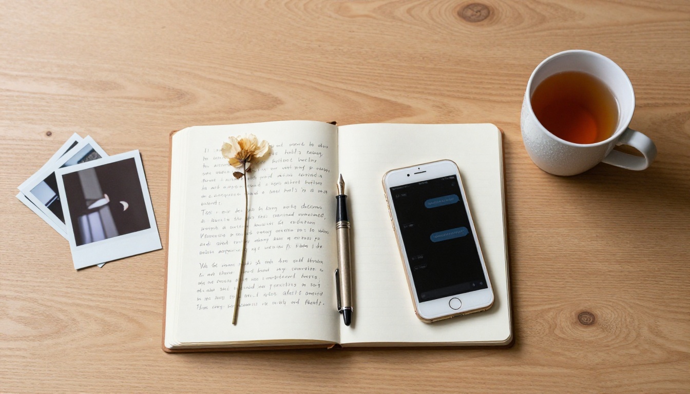 Journal open with handwritten notes beside a phone showing AI chat