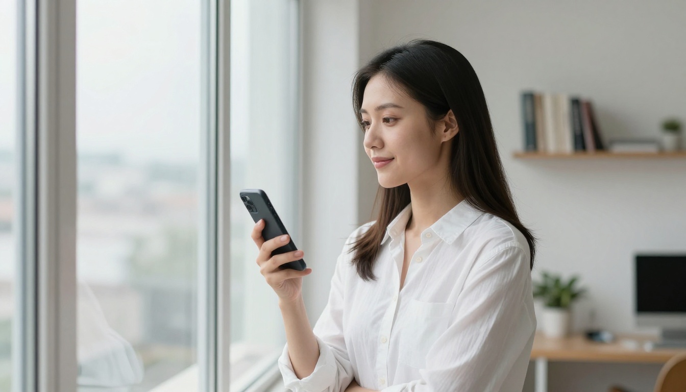 Woman standing by window holding phone with thoughtful expression