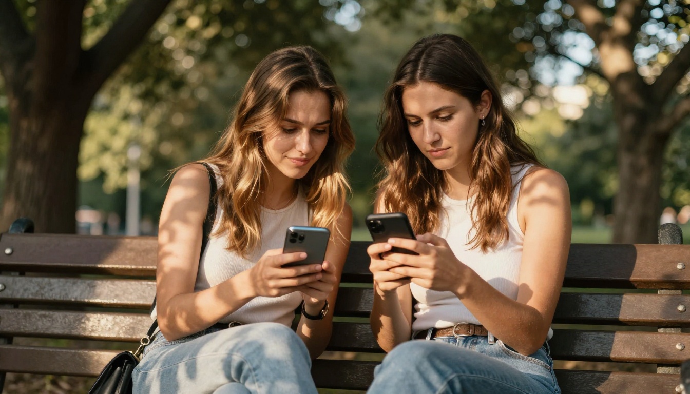 Two friends sharing AI companion app on phone in park