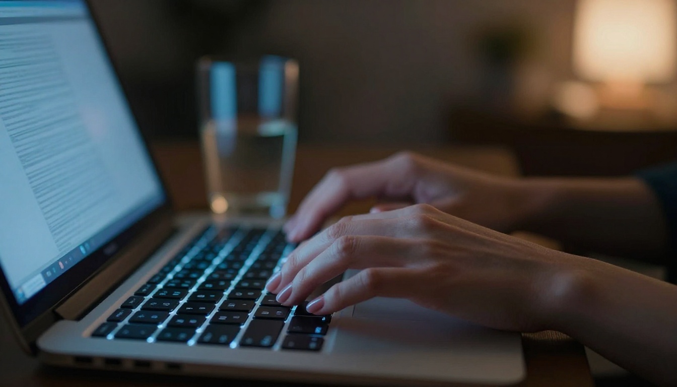 Hands typing on a glowing laptop keyboard in a dark ambient room