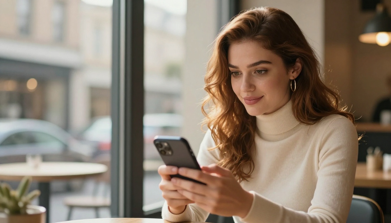 A beautiful woman smiling at her phone in a sunlit café