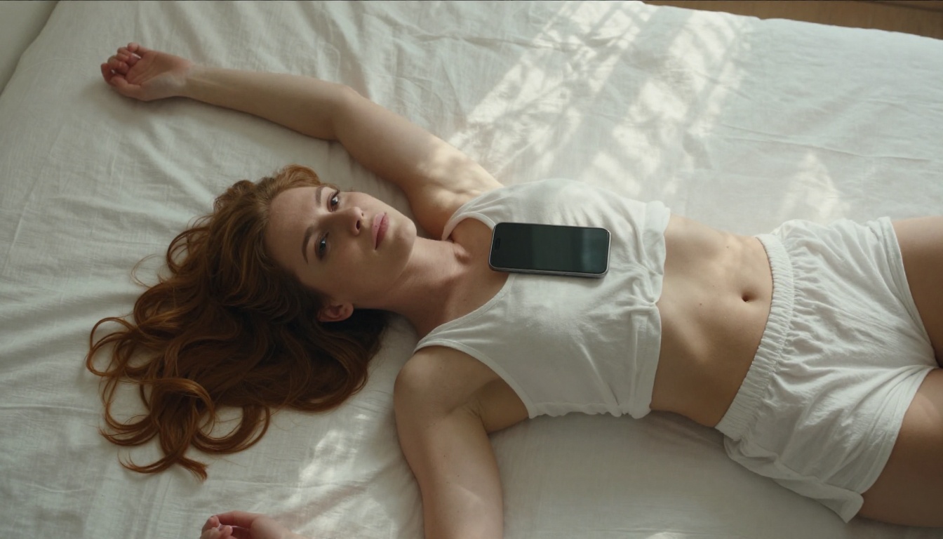 A woman lying on white linen with morning light streaming in