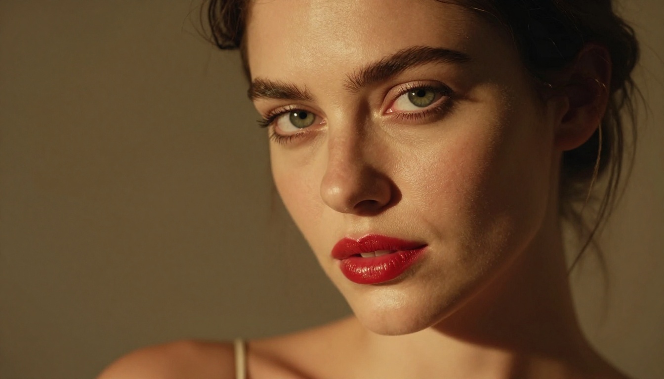 Close-up portrait of a woman with sharp green eyes and red lips
