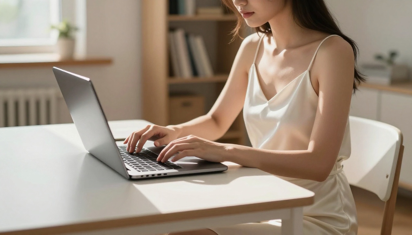 Woman seated at a sunlit desk writing prompts on a laptop