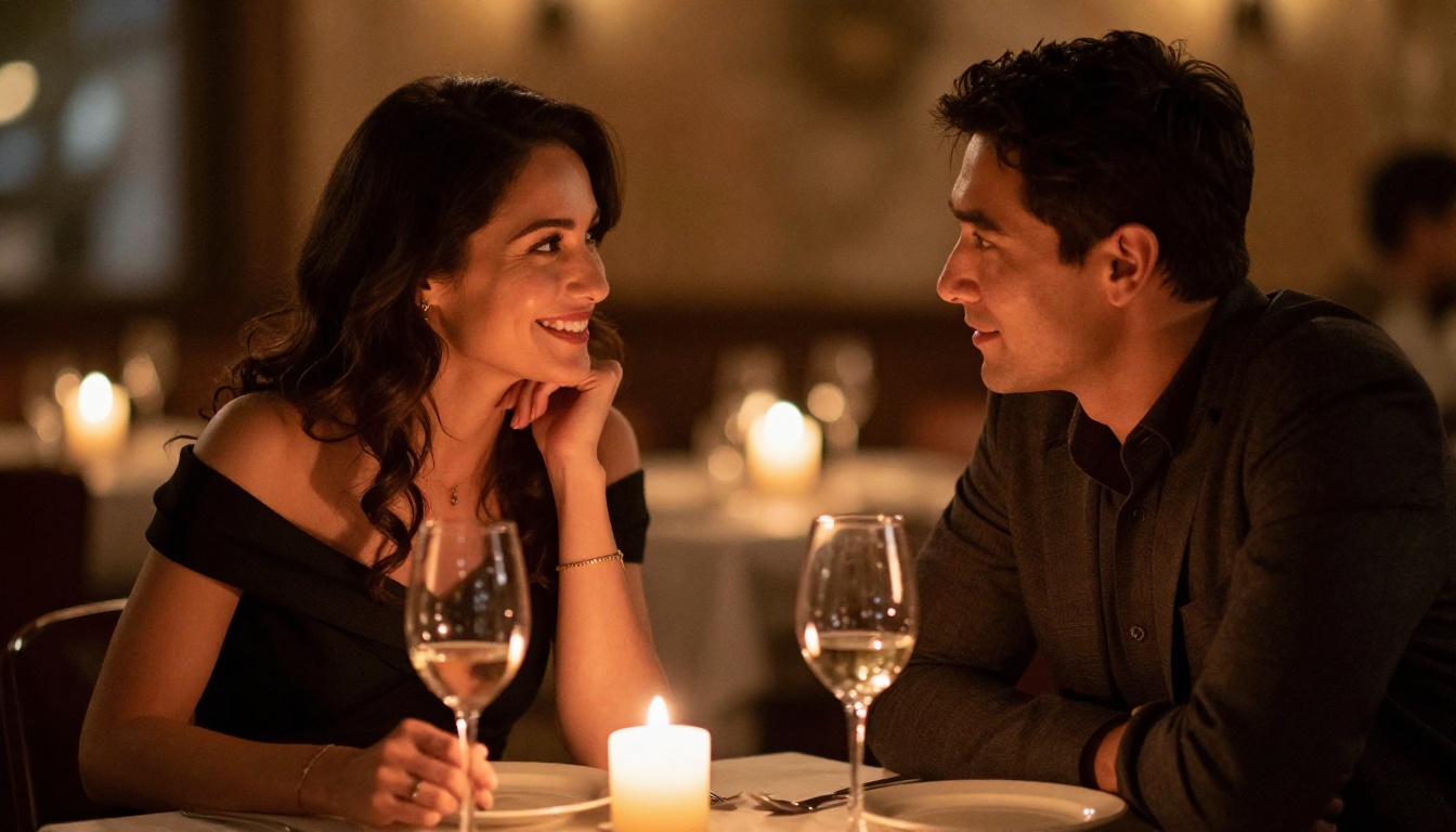 Couple in intimate candlelit conversation at a restaurant
