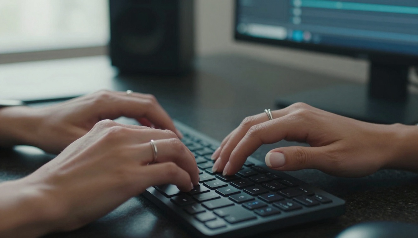 Close-up of hands typing at a lit keyboard with natural window light