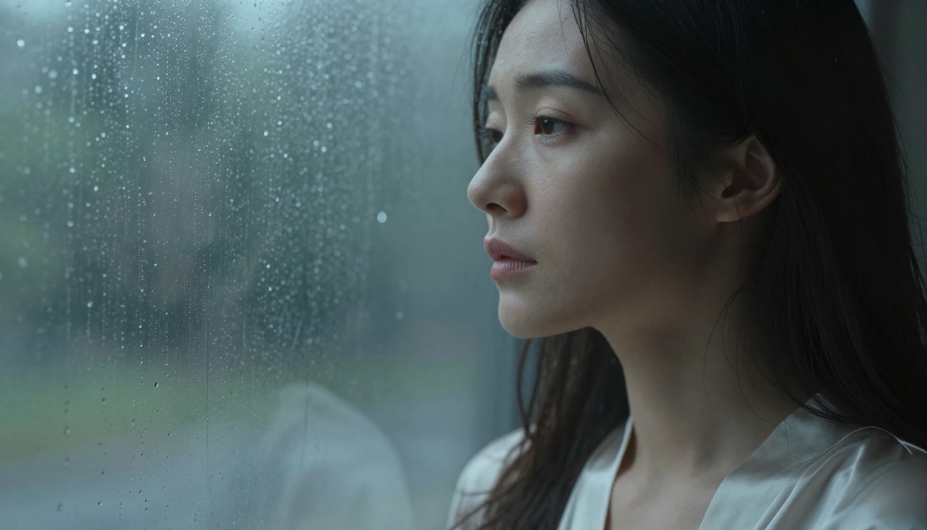 Woman in a silk robe looking out a rain-streaked window