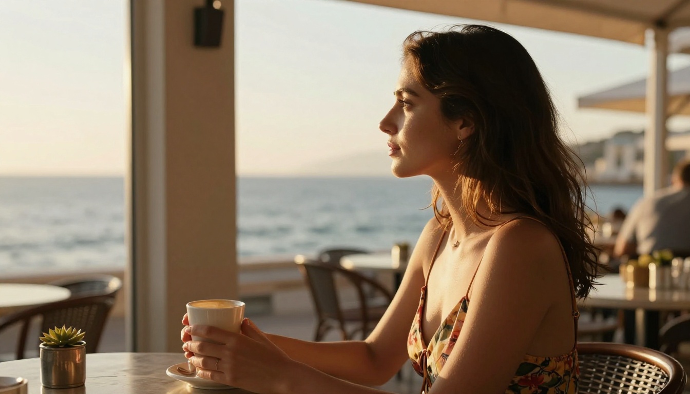 Woman at seaside café with warm golden rim light catching her profile