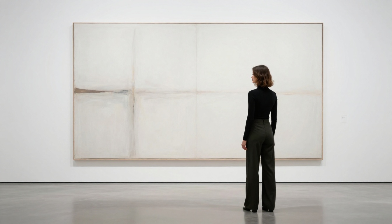Woman in minimal art gallery space wearing black outfit under clean overhead lighting