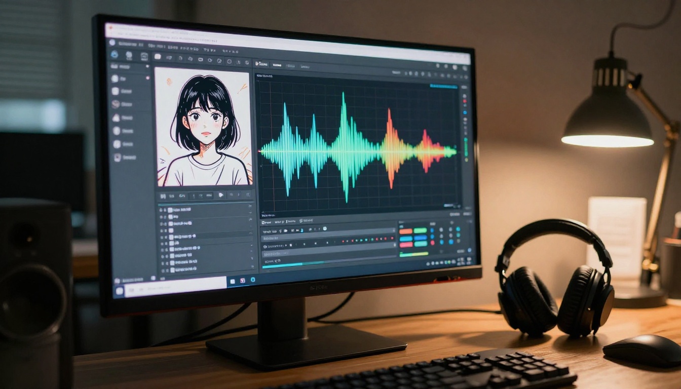 AI lipsync interface showing an anime character portrait and audio waveforms on a professional monitor