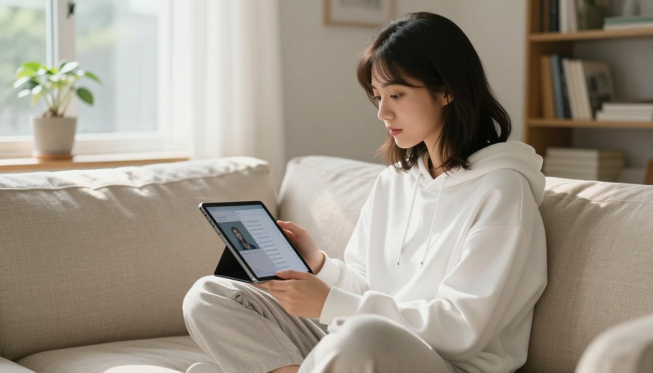 Woman on a sofa using a tablet showing a text-to-speech AI interface