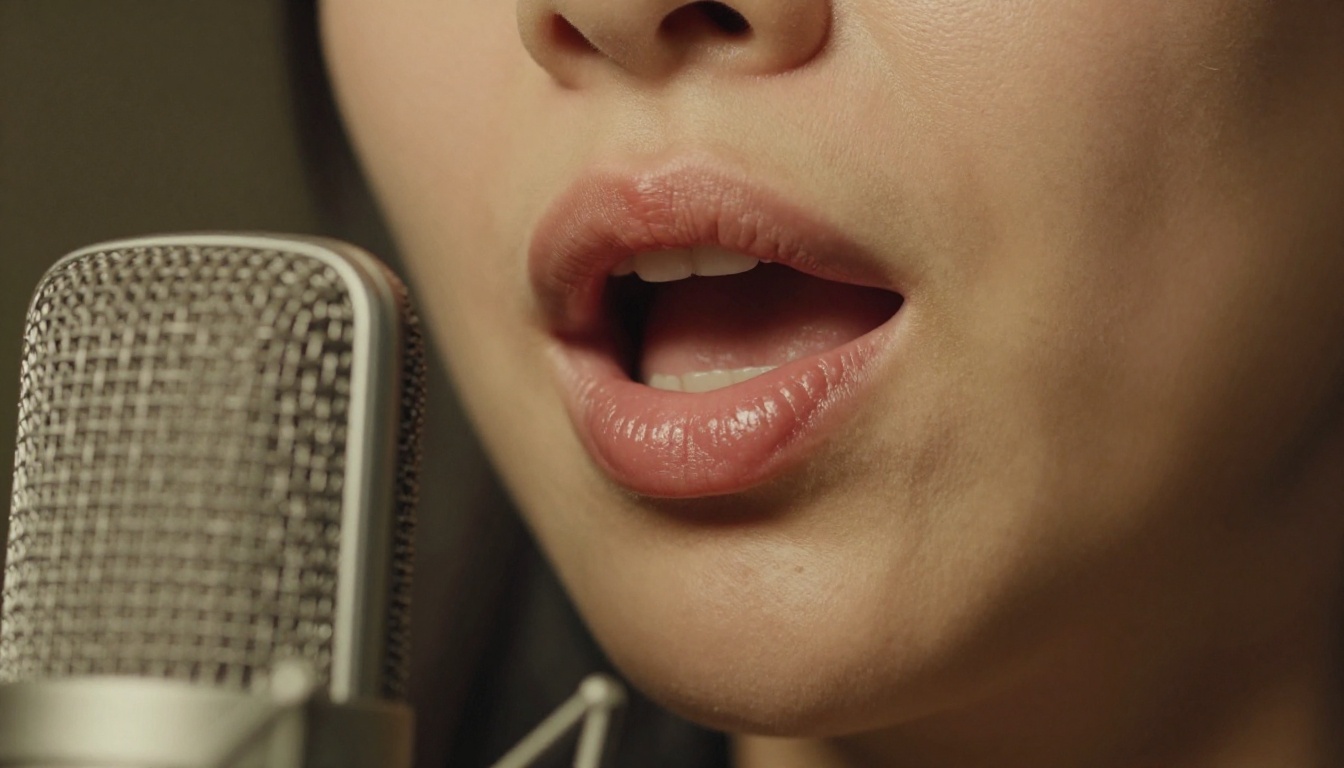 Close-up of lips near a condenser microphone in warm studio light