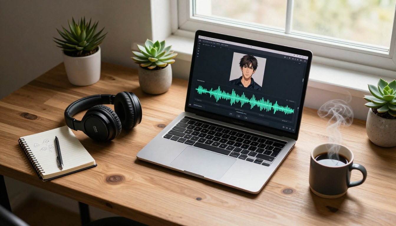 Aerial flat-lay of a desk with a MacBook, anime portrait print, headphones, and voice generation dashboard