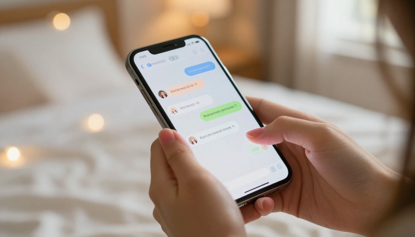 Chat interface on smartphone in cozy bedroom setting
