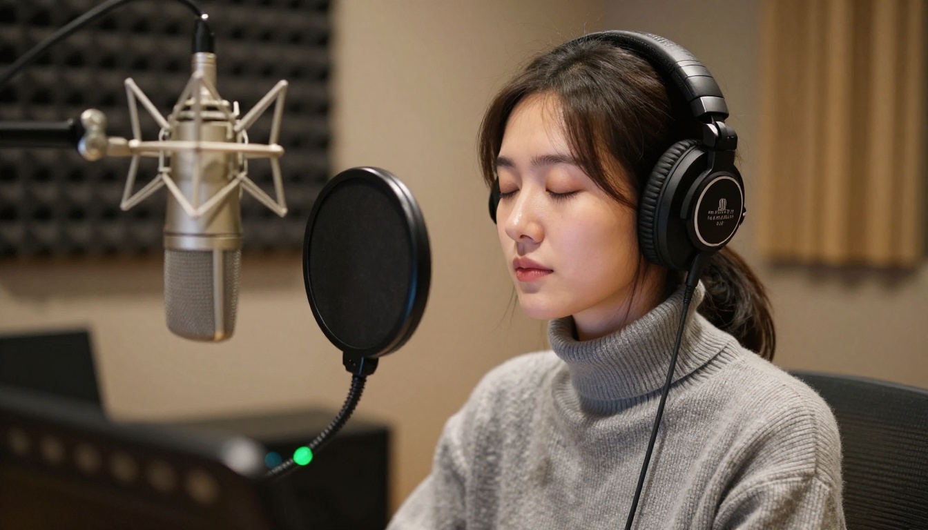 Woman wearing studio headphones in a recording booth, eyes closed, concentrating