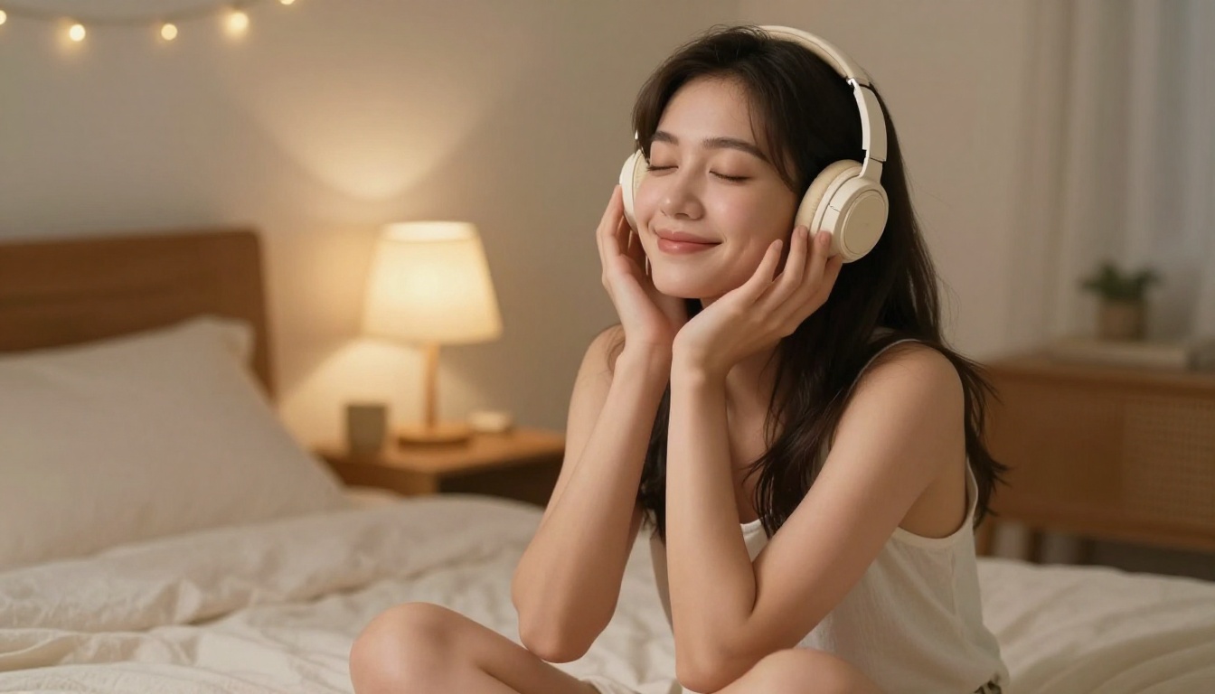 Woman wearing cream wireless headphones on soft-lit bed
