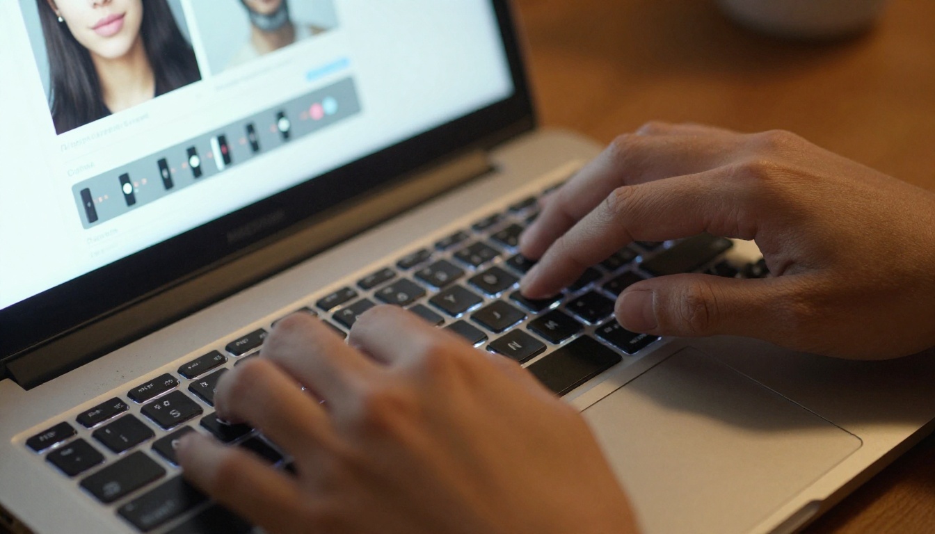 Hands typing on a mechanical keyboard with a lipsync settings panel visible in the background