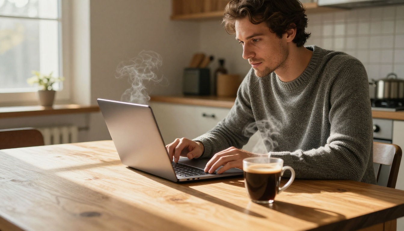 Man with coffee and laptop in warm morning kitchen light