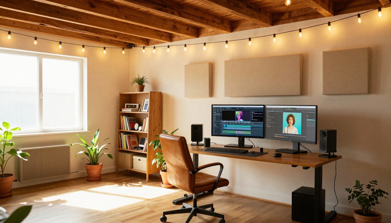 Modern content creation studio with dual monitors, acoustic panels, and warm Edison bulb lighting