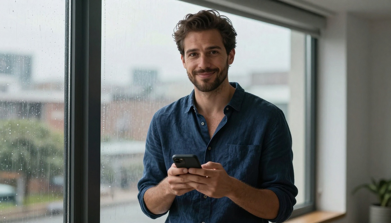 Confident man near rain-streaked window with honest gaze