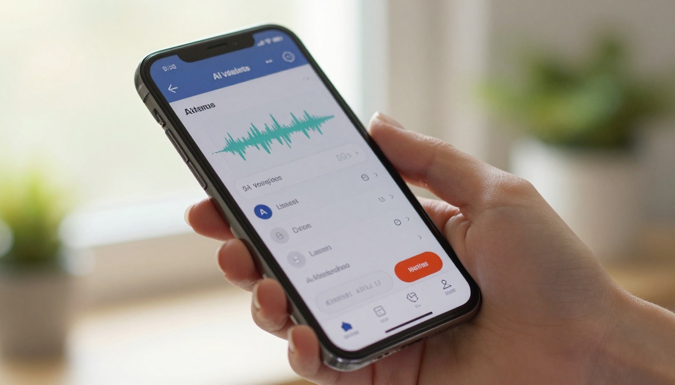 Smartphone screen showing an AI voice cloning app interface with waveform visualization