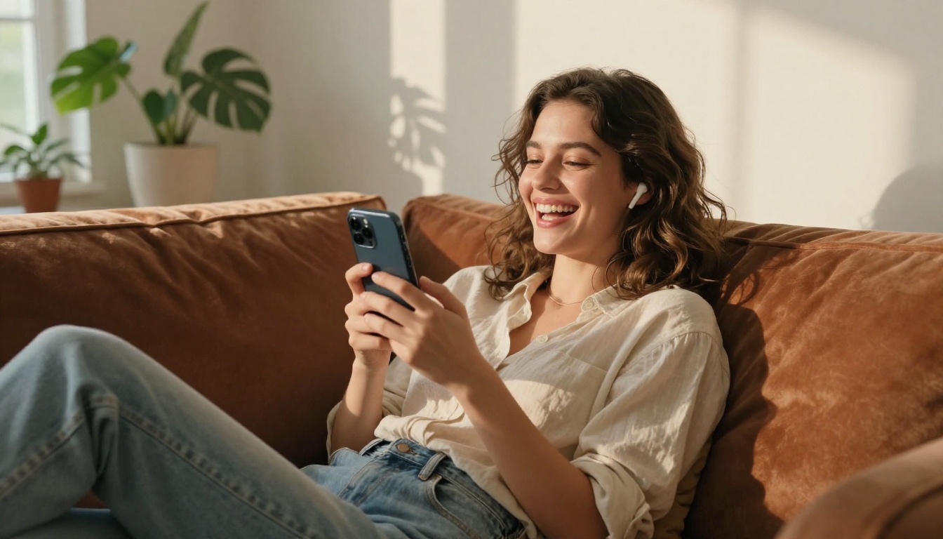 Woman laughing on velvet sofa with phone held up