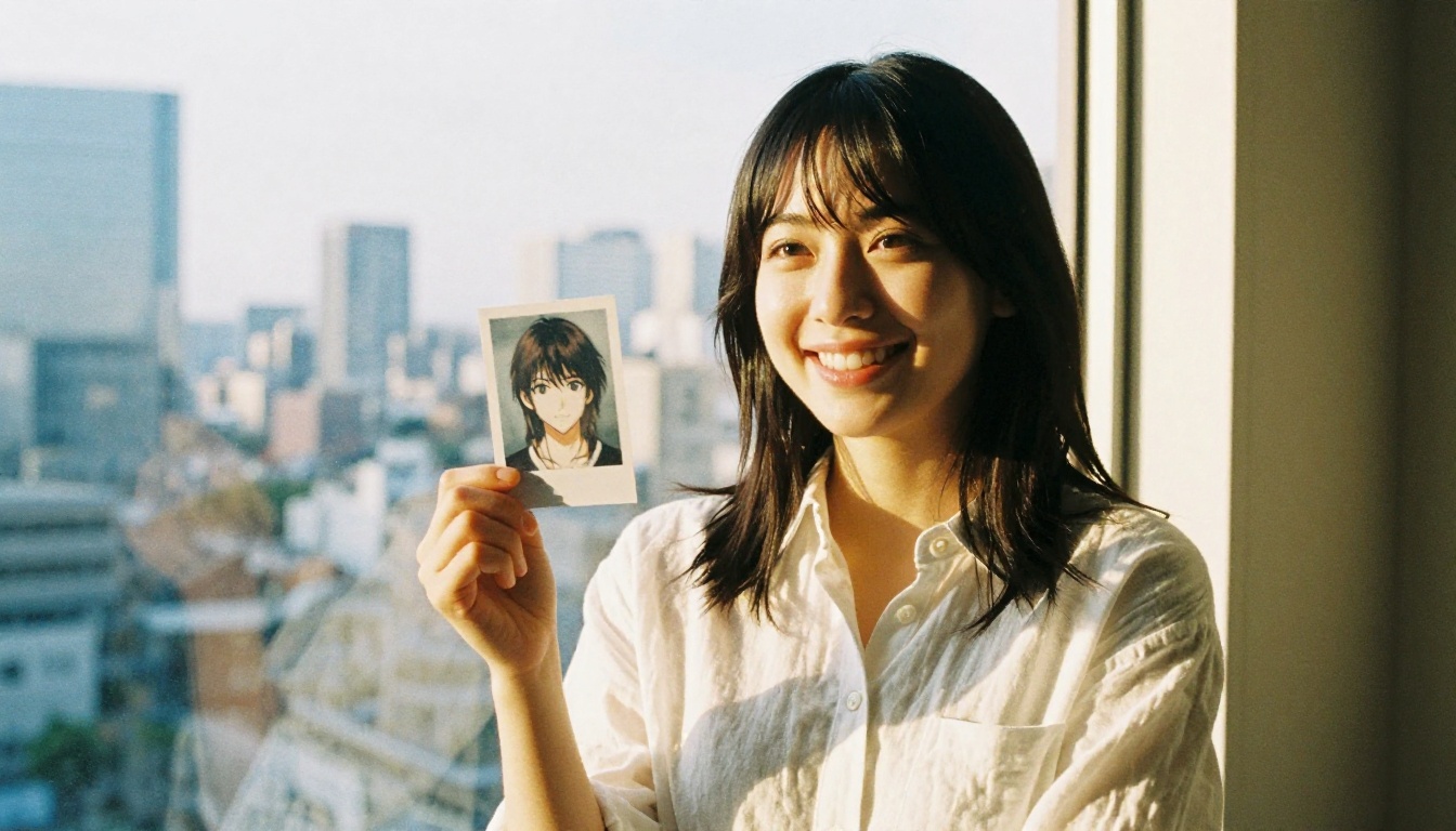Young woman smiling and holding a printed anime character portrait, standing in front of a Tokyo skyline window