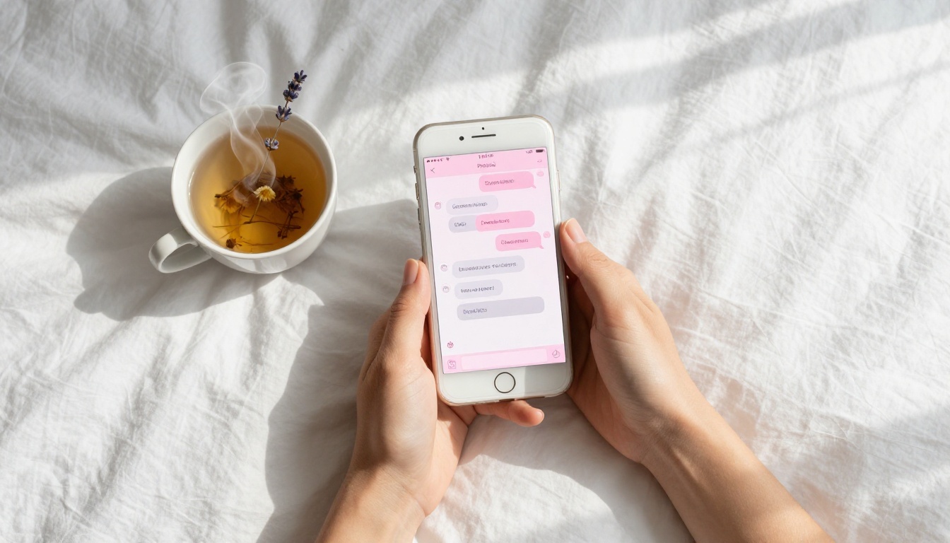 Aerial flat-lay of smartphone on white linen with chamomile tea