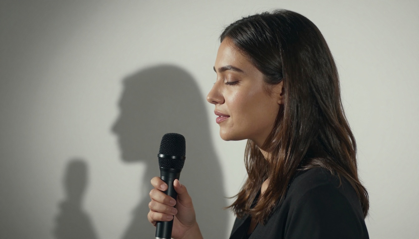 Woman in profile speaking softly into a studio microphone