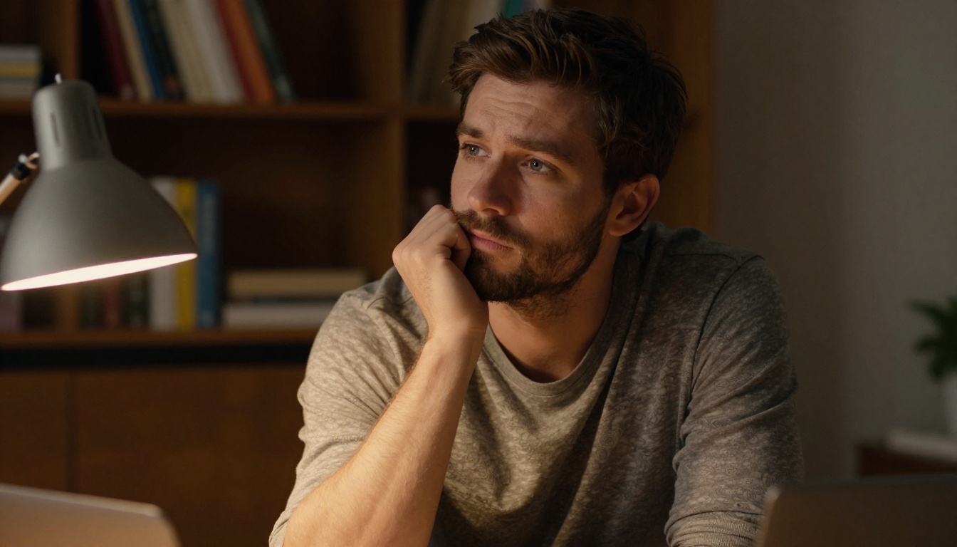 Man at desk with warm lamp light, hand thoughtfully under chin
