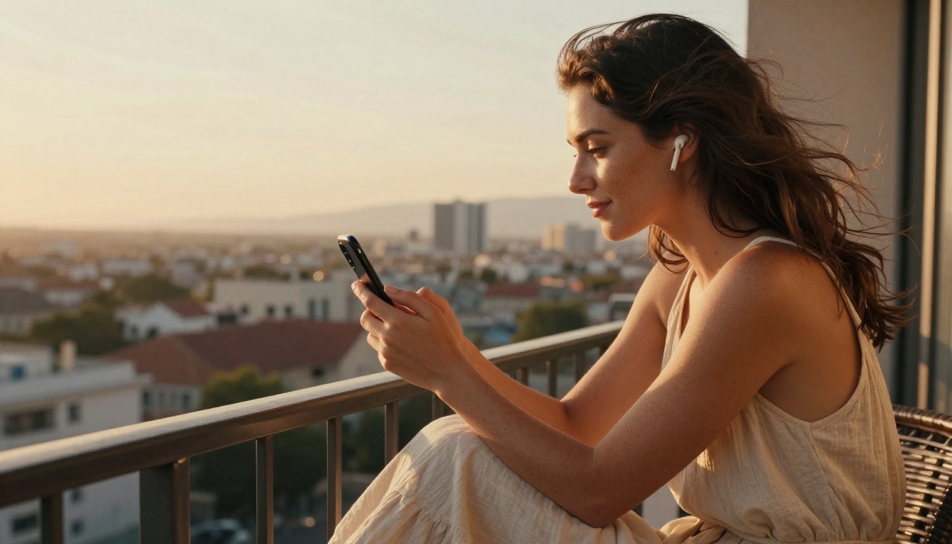 Woman on golden-hour balcony with earbuds and soft romantic smile