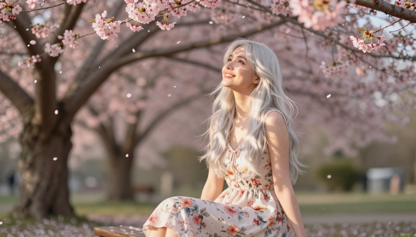 Silver-haired AI waifu sitting in cherry blossom park Silver-haired AI waifu sitting in cherry blossom park
