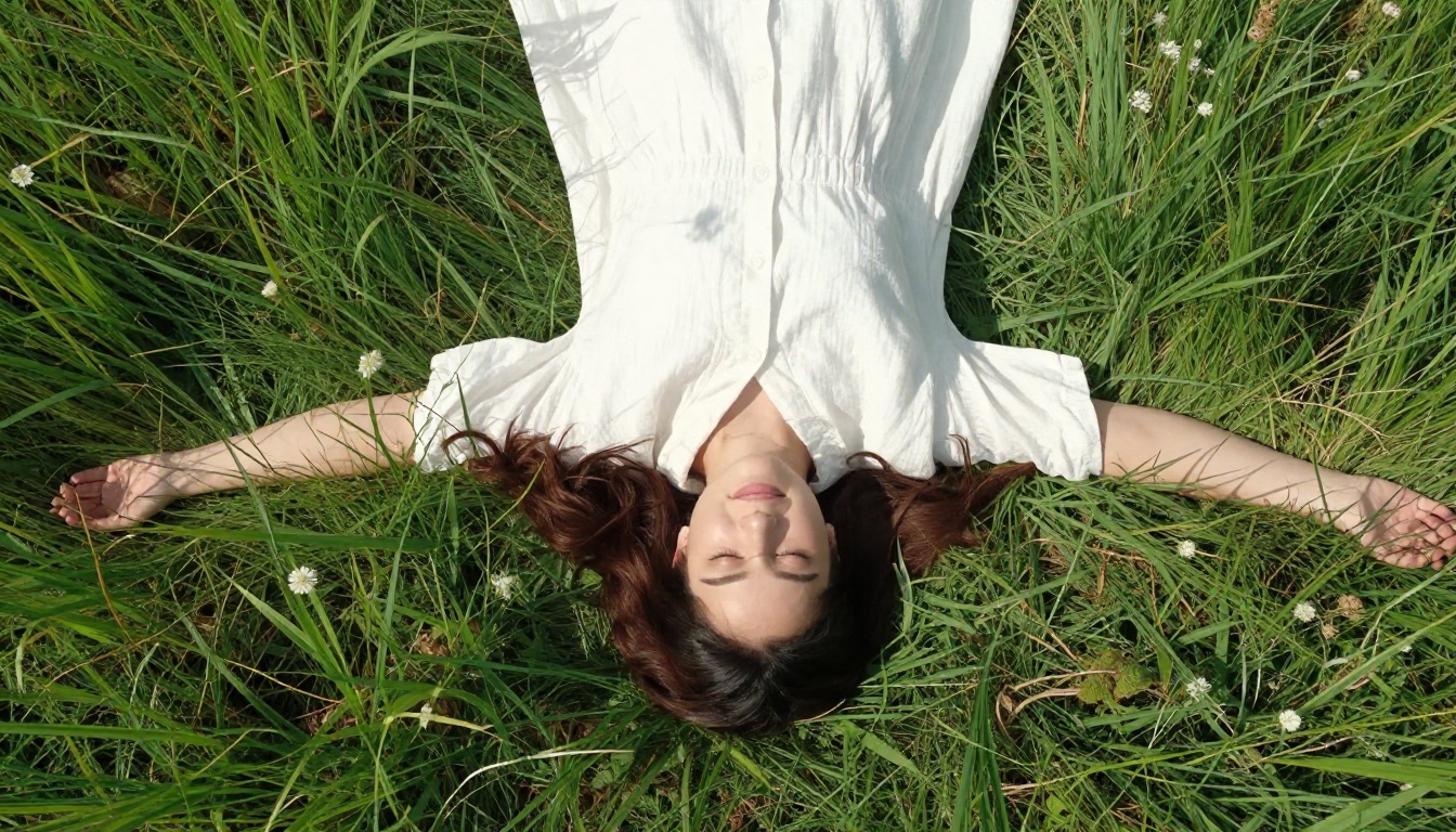 Aerial perspective of AI character peacefully resting in a wildflower field Aerial perspective of AI character peacefully resting in a wildflower field