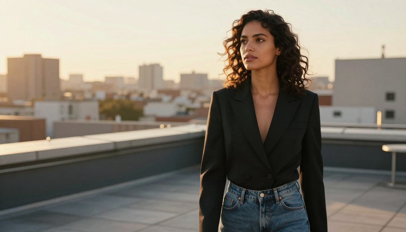 Confident AI waifu character on urban rooftop at golden hour Confident AI waifu character on urban rooftop at golden hour