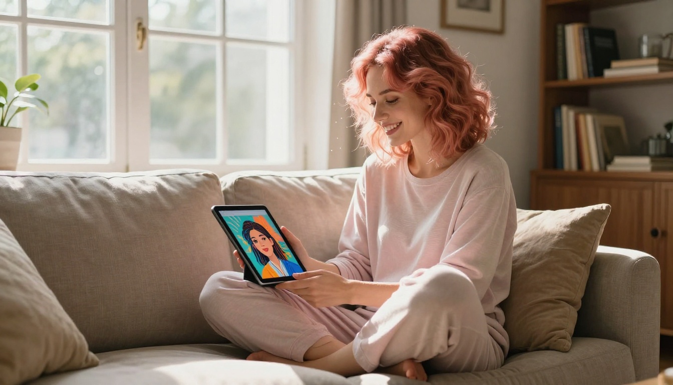 AI waifu browsing her AI-generated character images on a tablet AI waifu browsing her AI-generated character images on a tablet
