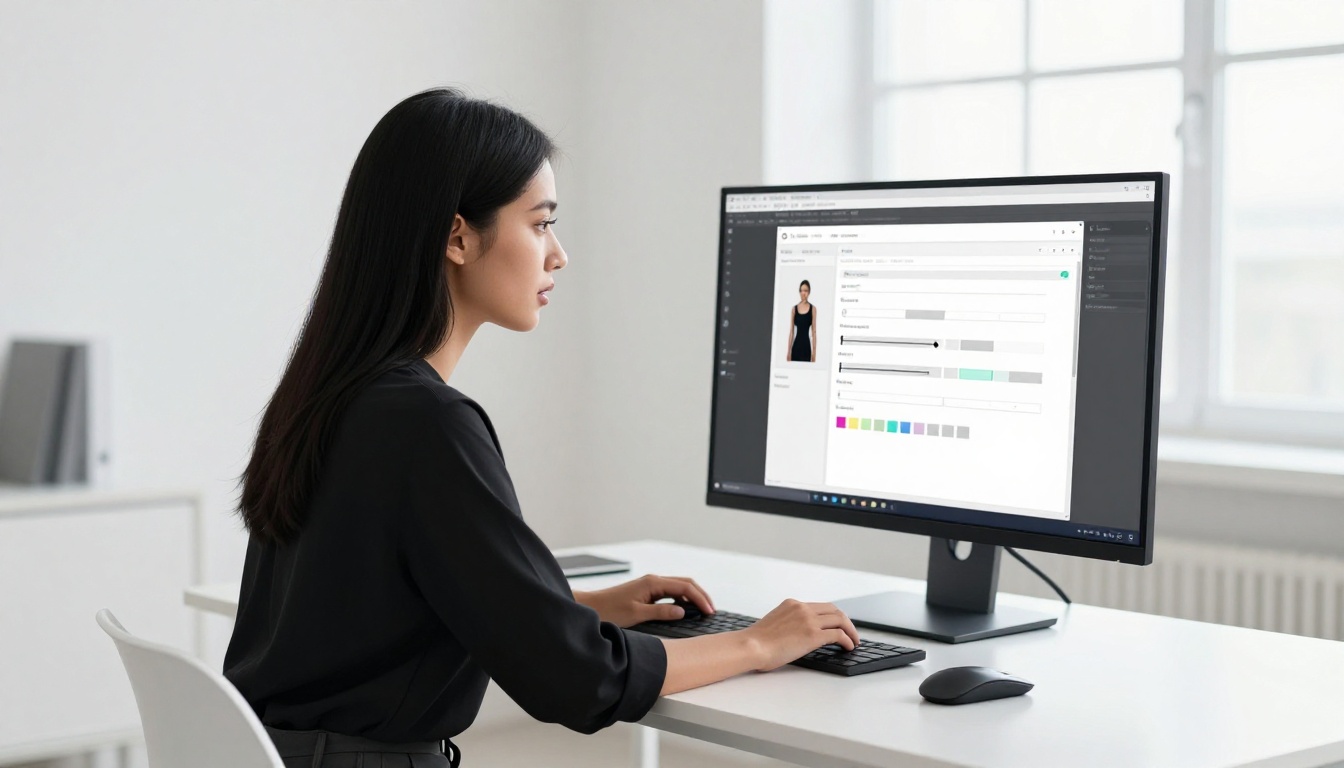 Woman using an AI character creation interface at a minimalist desk Woman using an AI character creation interface at a minimalist desk