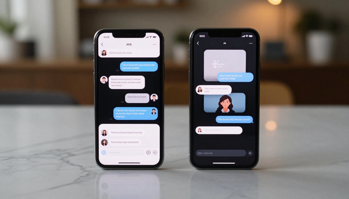 Two smartphones comparing AI chat interfaces side by side on marble