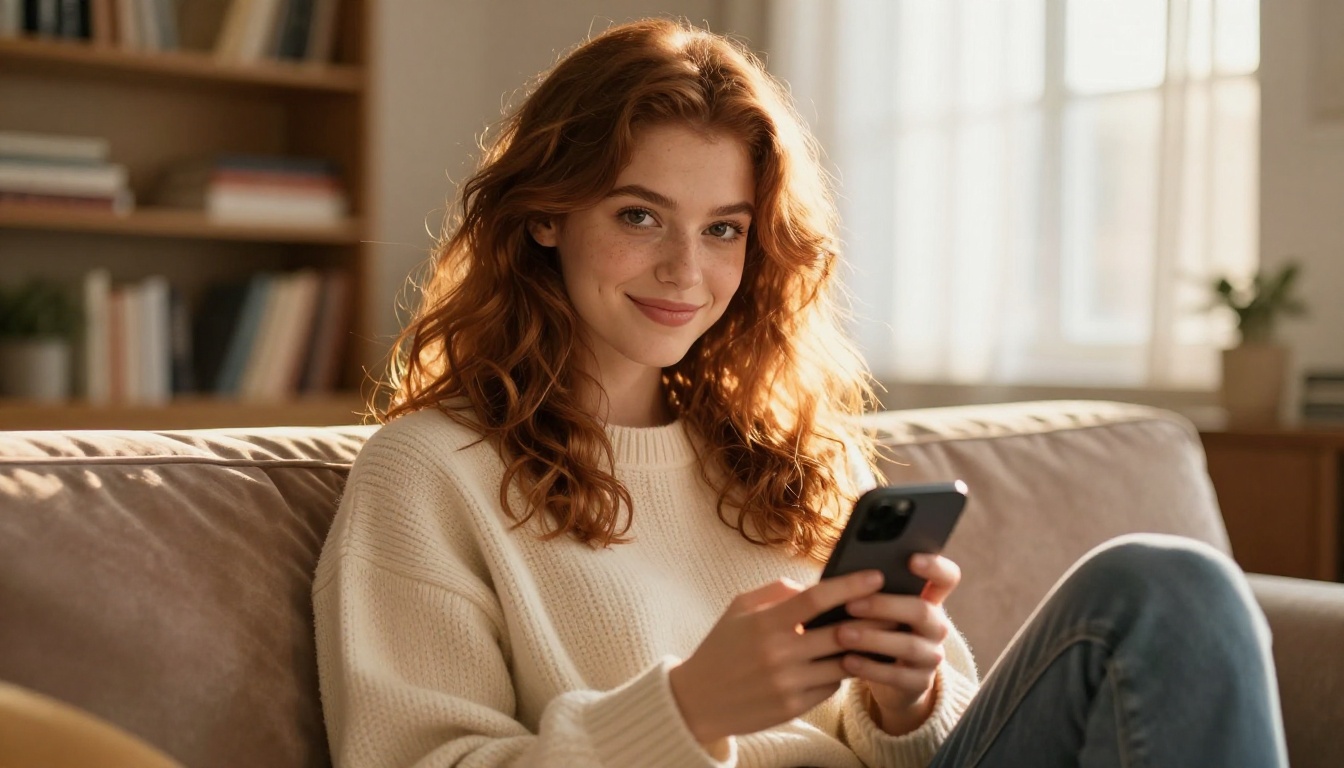 Confident woman using smartphone for AI chat on a velvet couch