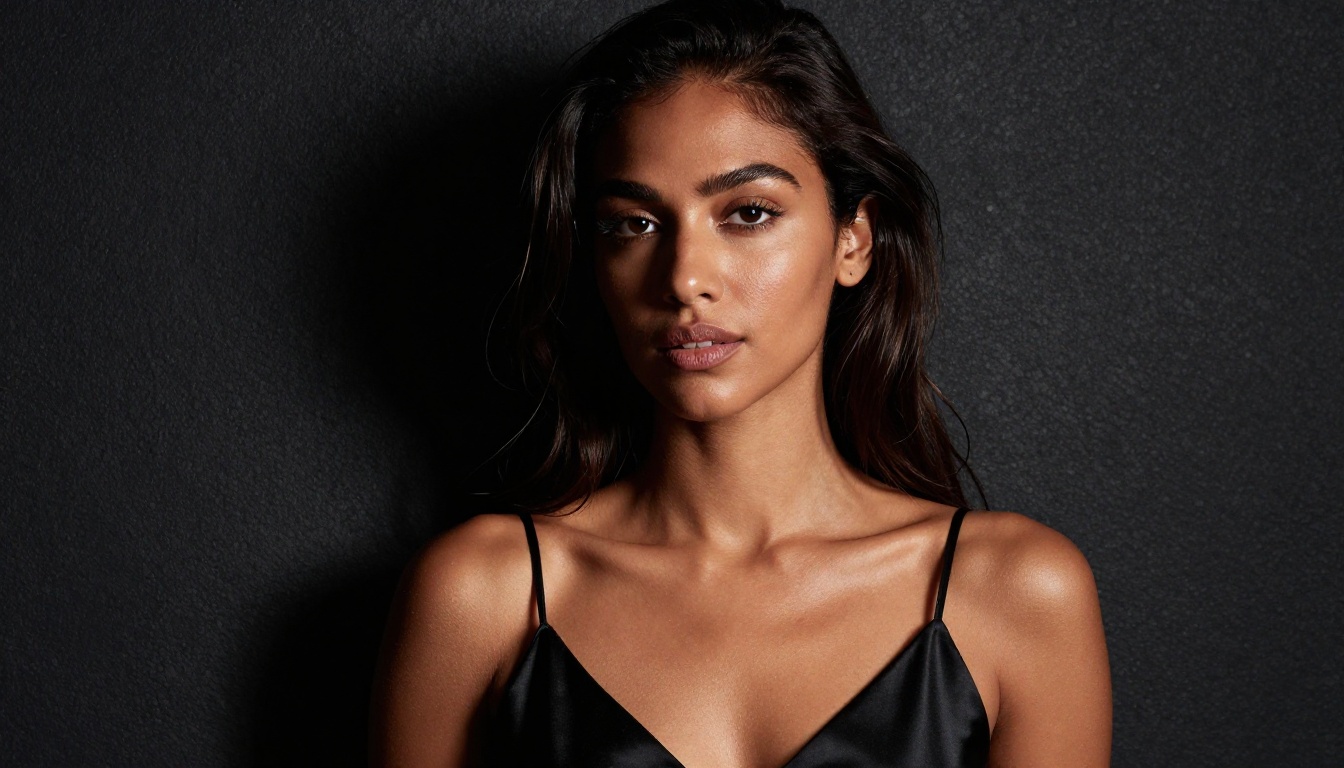Dramatic portrait of an attractive woman with side lighting in black satin