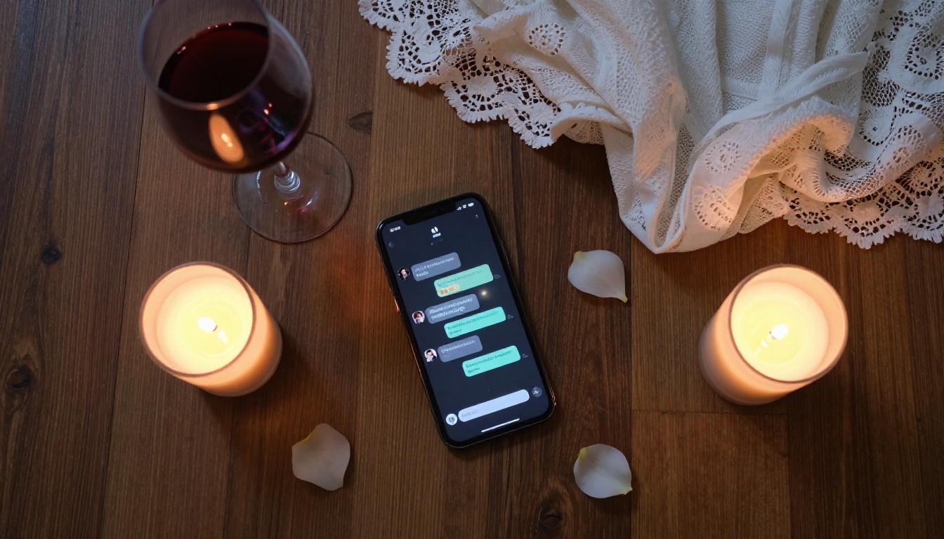 Overhead flat lay with smartphone, red wine, and candle on dark hardwood floor