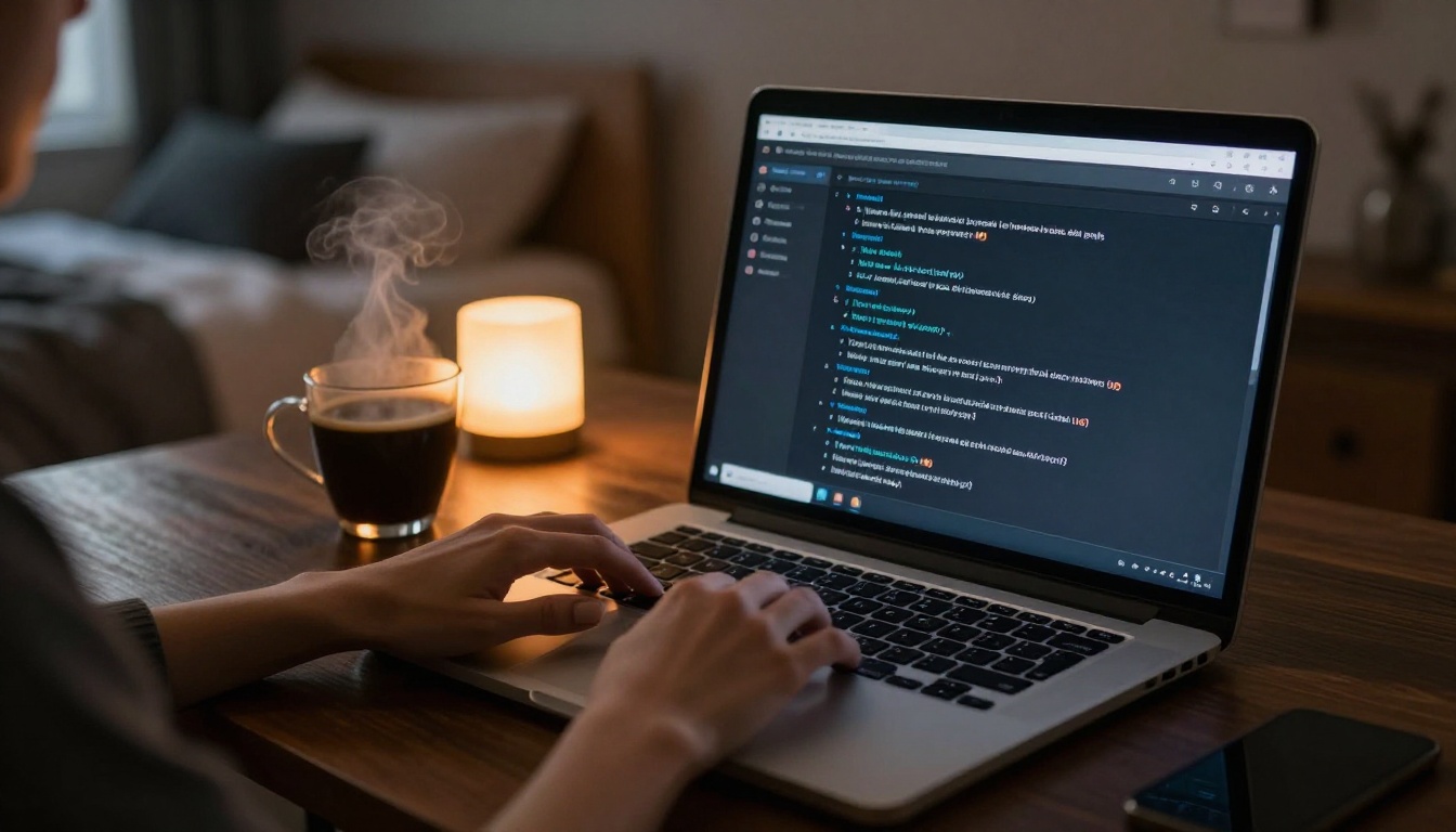 Woman typing on laptop in moody amber-lit room with coffee steam visible