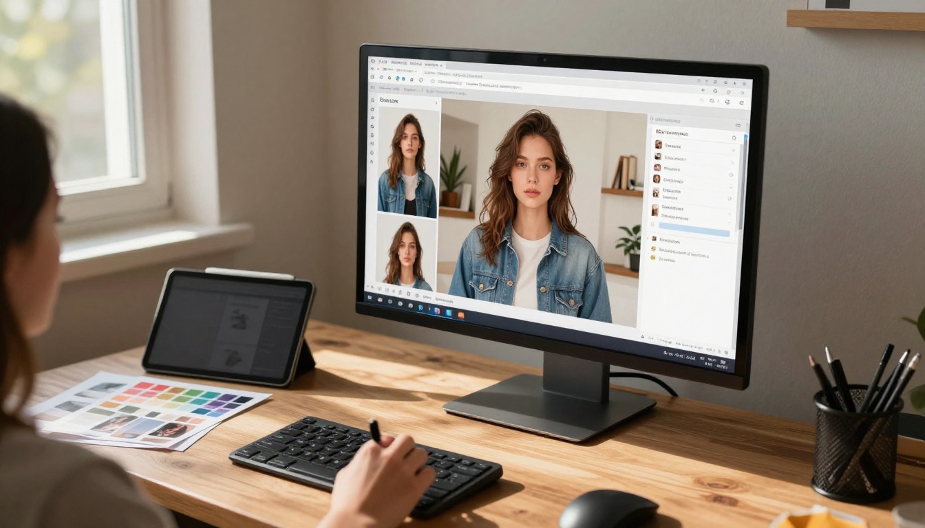 AI image generation interface on widescreen monitor with creative workspace and stylus