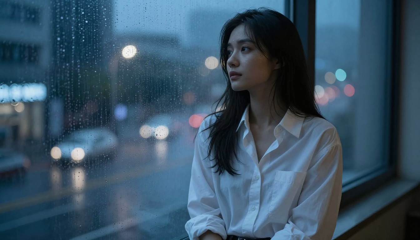 Woman by rain-streaked window at night, city lights bokeh