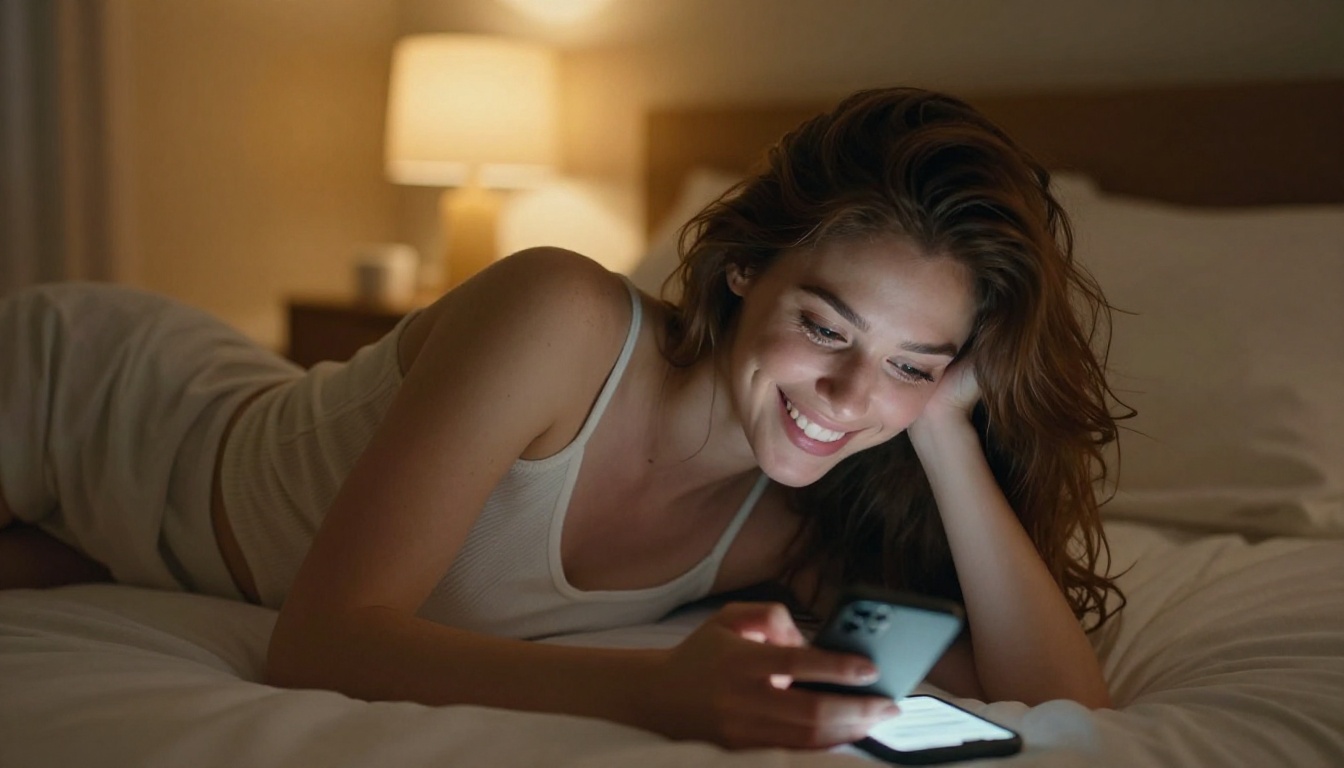 Woman lying on bed smiling at phone screen in warm light