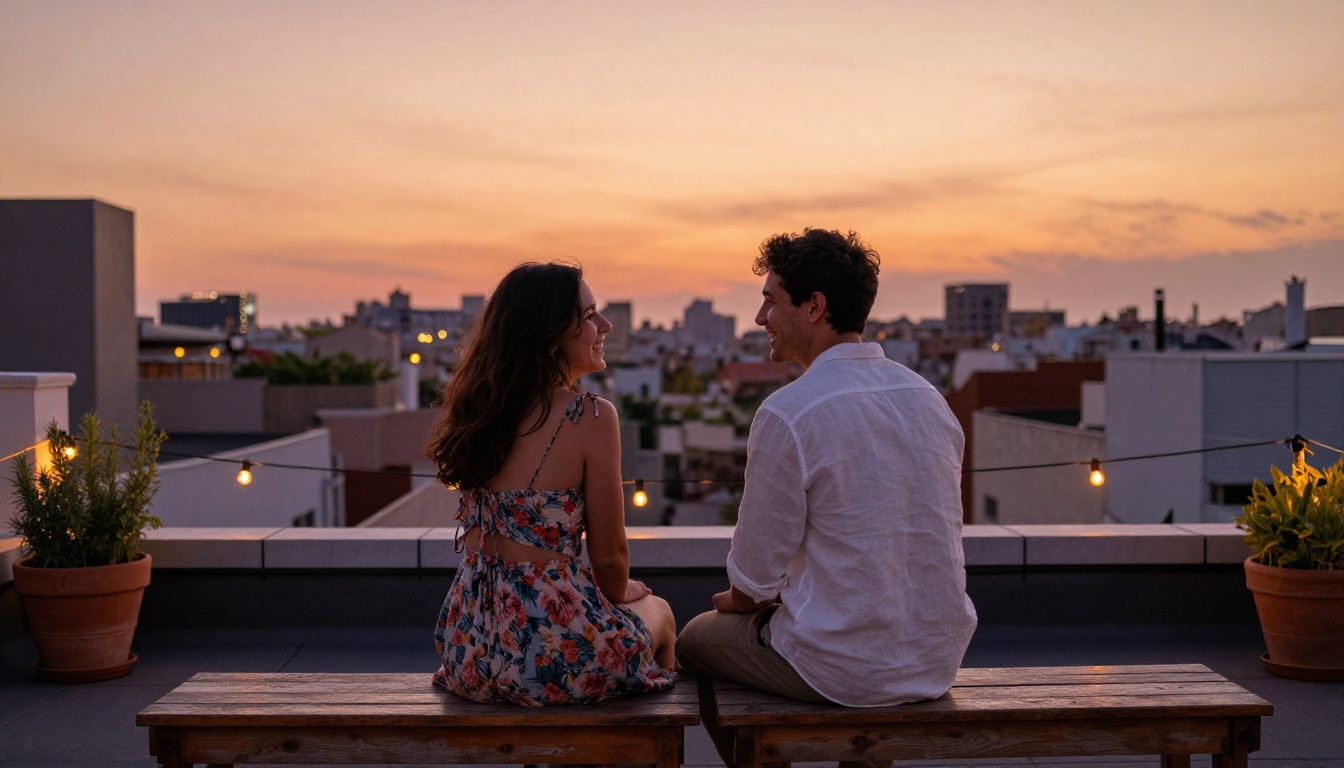 Couple sharing an intimate rooftop moment at dusk