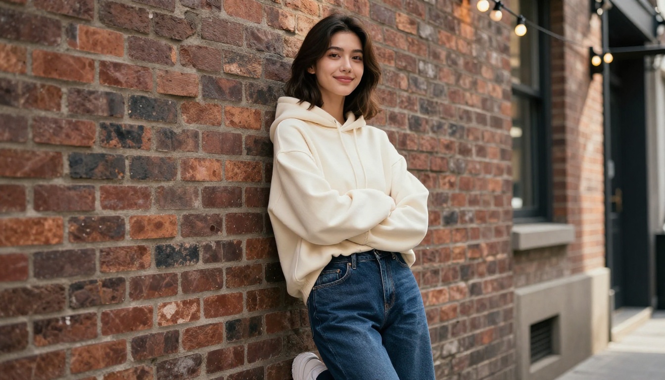AI companion in casual streetwear hoodie and high-waist jeans on urban street AI companion in casual streetwear hoodie and high-waist jeans on urban street