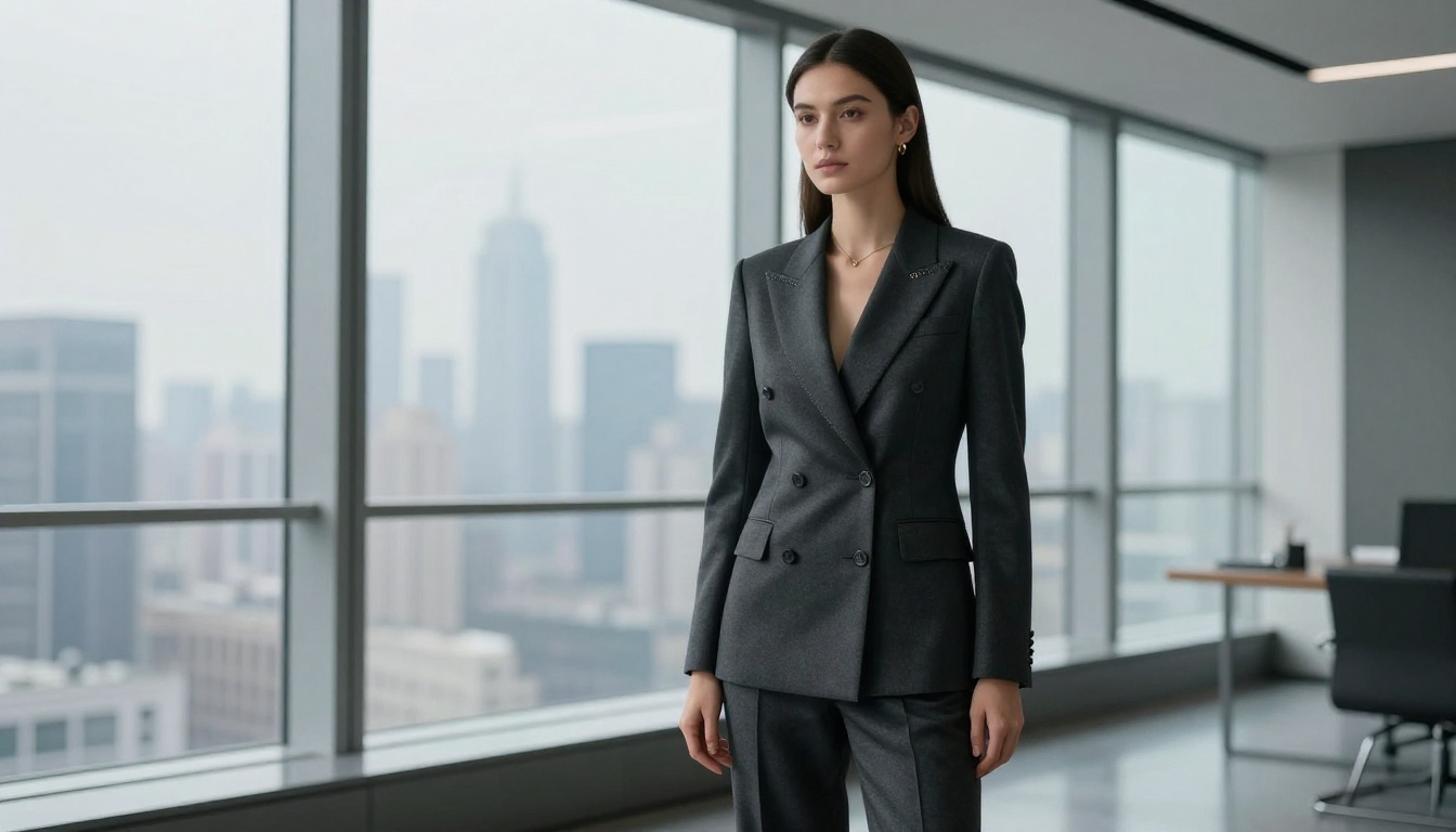 Elegant AI companion in tailored charcoal blazer suit in modern minimalist boardroom Elegant AI companion in tailored charcoal blazer suit in modern minimalist boardroom