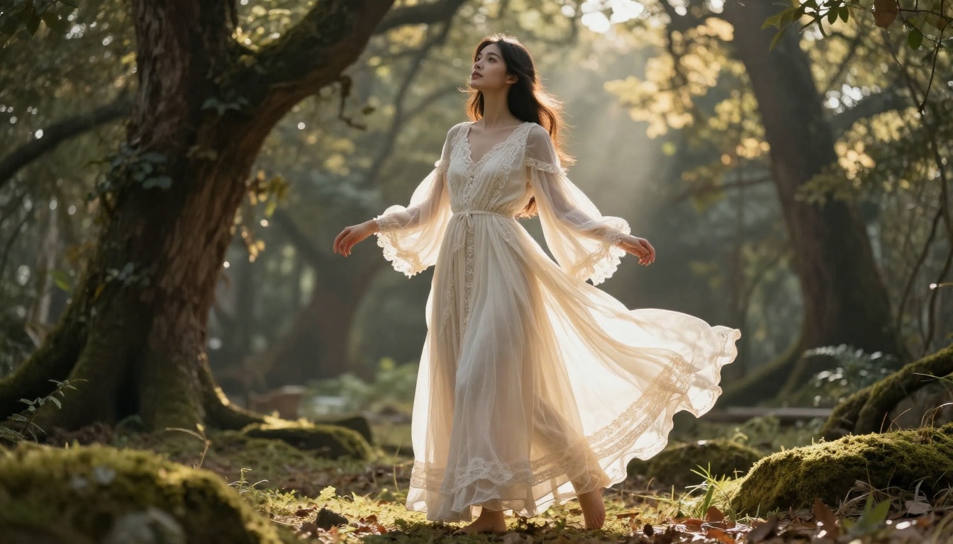 AI companion in ethereal ivory lace dress in a sun-dappled ancient forest clearing AI companion in ethereal ivory lace dress in a sun-dappled ancient forest clearing