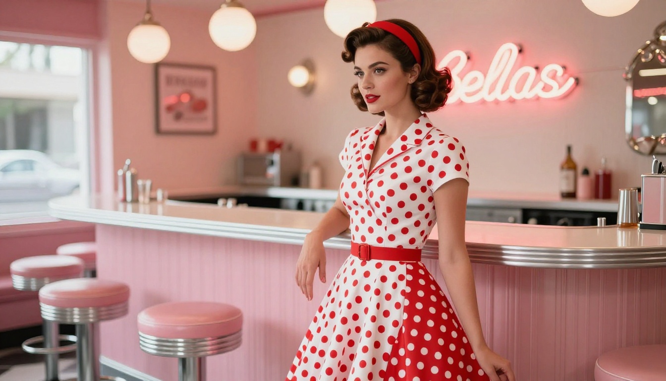 AI companion in 1950s-style polka dot dress at retro diner counter AI companion in 1950s-style polka dot dress at retro diner counter